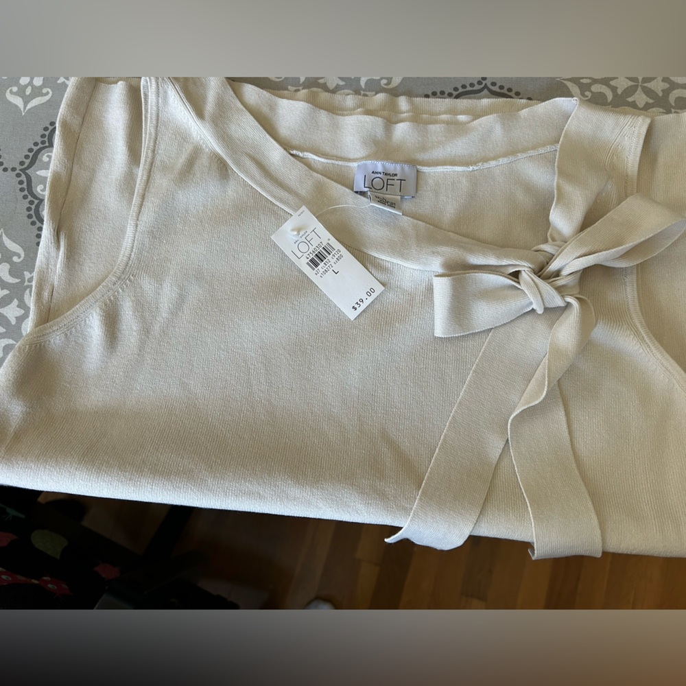 LOFT Ivory Sleeveless Top with Ribbon Accent